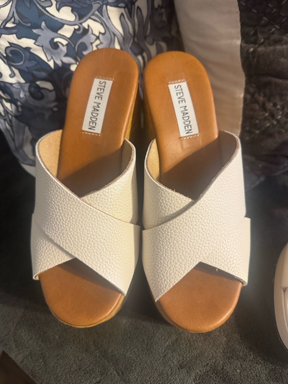Steve Madden White Crisscross Platform Slides with Tan Footbed